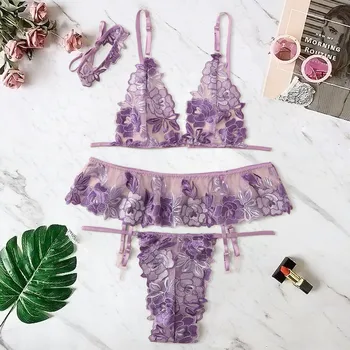 

New Sexy Women Embroidery Lace Lingerie Wire Free Seamless Floral Ladies Underwear Thong Garter Bra Choker Set