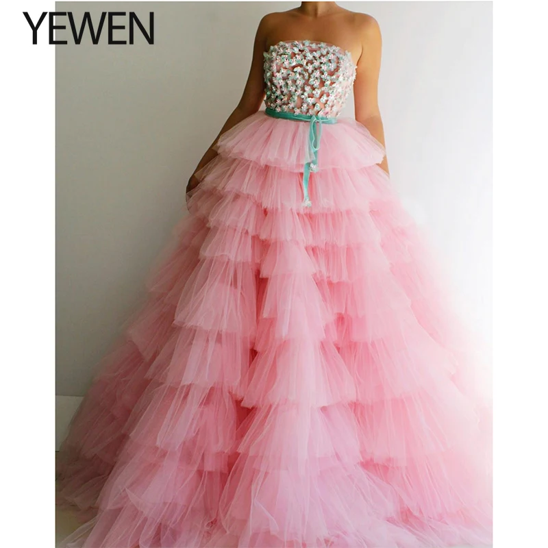 

30CM Train 2020 Pink Strapless Vestido De Noiva Wedding Dress Train Custom-made Plus Size Bridal Tulle Mariage YEWEN