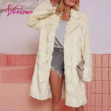 Versear, Женское пальто из искусственного меха, зубчатый воротник, длинный рукав, открытая передняя часть, Осень-зима, теплая куртка, верхняя одежда, женское мохнатое пальто