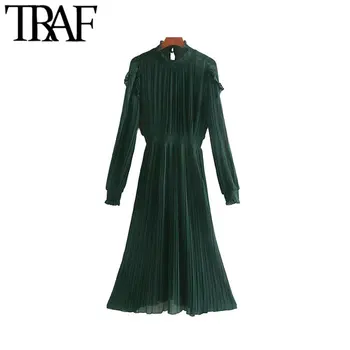 

TRAF Women Vintage Chic Ruffles Pleated See Through Chiffon Midi Dress Fashion Long Sleeve Elastic Waist Female Dresses Vestidos