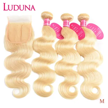 

Luduna 613 Blonde Body Wave Brazilian Hair Weave Human Hair Bundles With Closure 3 Bundles Remy Hair With Lace Frontal Closure
