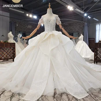 شراءHTL1667 فستان زفاف مزين باللؤلؤ والترتر اللامع 2020 أكمام قصيرة منتفخة بأربطة من الخلف Bestido De Novia