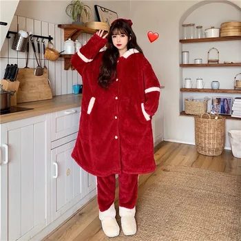 

Winter Pajamas Women 2020 Coral Fleece Nightgown Women Thickened Warm Pajamas Cute Bathrobe Long Flannel Home Service Suit