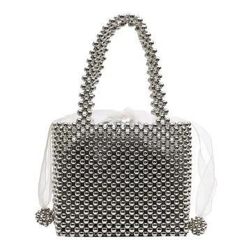 

3PCS / LOT Handmade Pearl Bag Women Luxury Handbags Party Vintage Female Top-handle Purse Evening Bags Black Silver