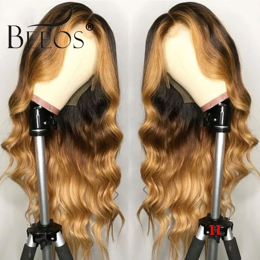 Beeos, бразильские волосы Remy, объемная волна, 13*6, человеческие волосы на кружеве, парик, Омбре, блонд, выделяет цвет, плотность 180%, средняя часть, предварительно выщипанные
