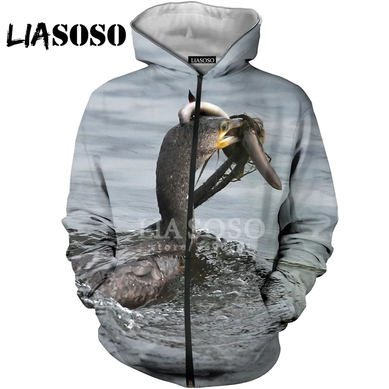 LIASOSO 3D принт для женщин мужчин птицы ловля рыба змея лиса толстовки с капюшоном кофты куртка на молнии повседневные топы X2838