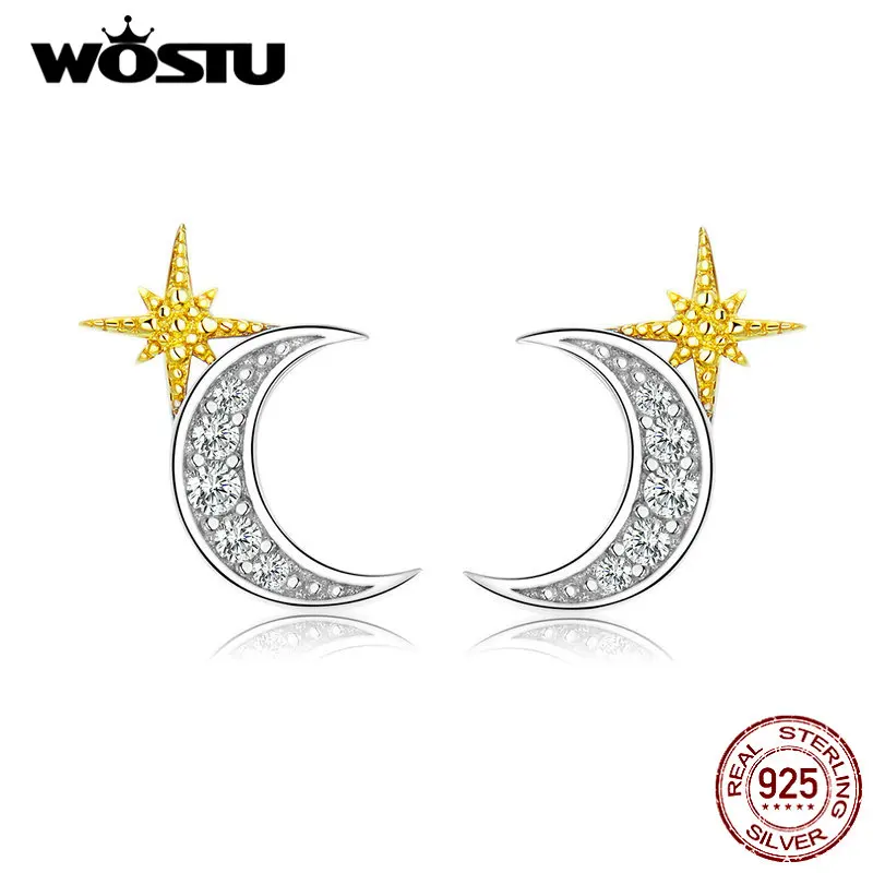WOSTU, настоящее 925 пробы, серебряные, лунные, золотые серьги-гвоздики "Звёзды" для женщин, свадебные, циркониевые, маленькие серьги, ювелирные изделия для помолвки CQE729