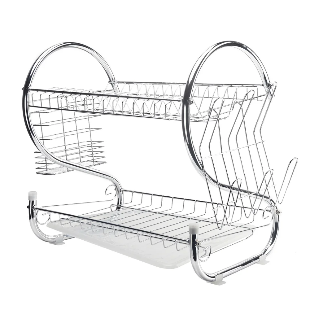

2 Tier Iron Chrome Dish Drainer Drying Rack Removable Rust Proof Utensil Holde For Kitchen Counter Storage Rack