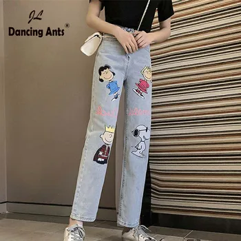 

Jeans for woman Denim high waist Women mom jeans Ankle-Length Cartoon Print Pant Plus Size ropa mujer Straight Korean Style