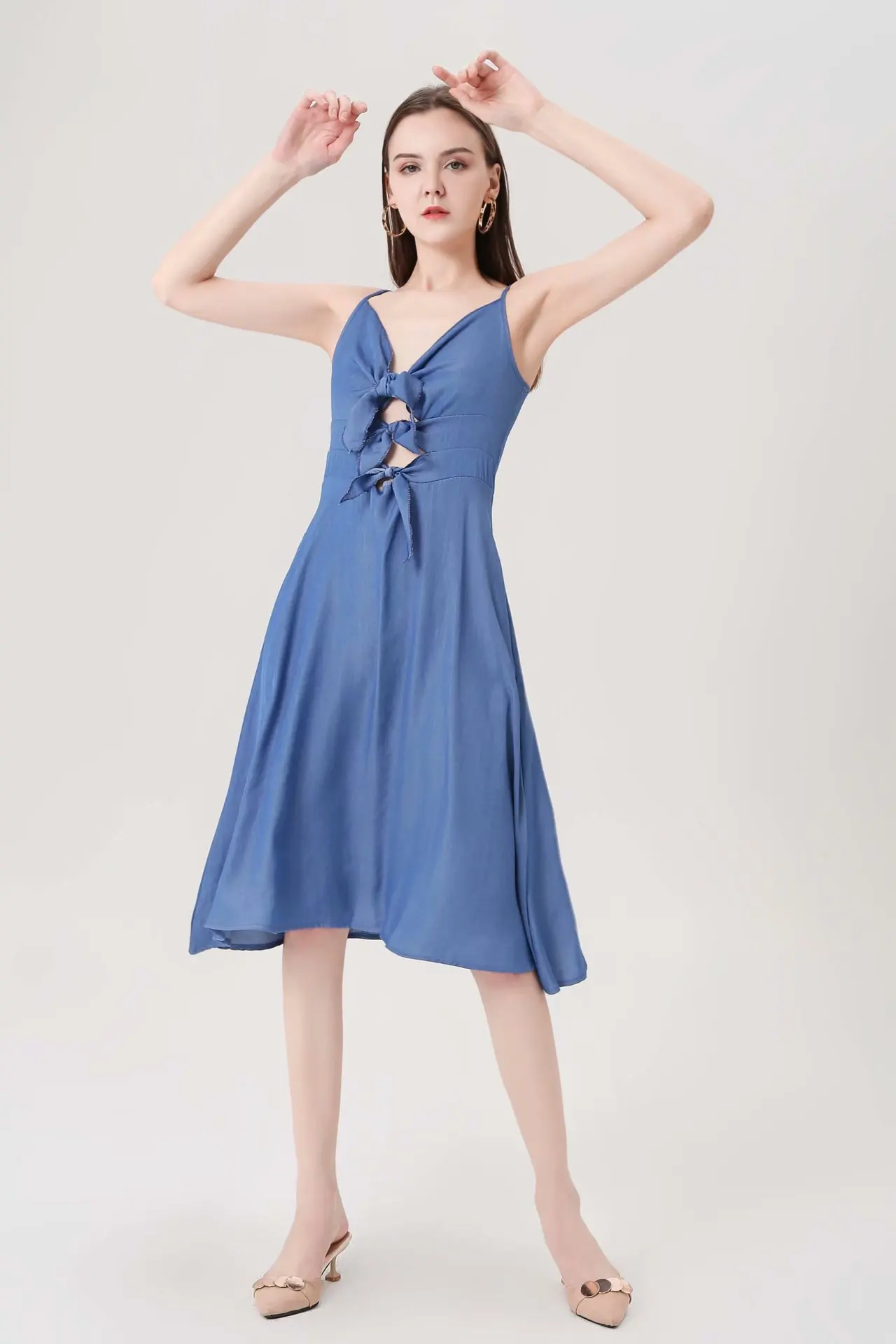 

Europe And America WOMEN'S Dress Retro Solid Color Chest Bow-Accent Tencel Denim Braces Skirt Sexy Backless Holiday Big Skirt