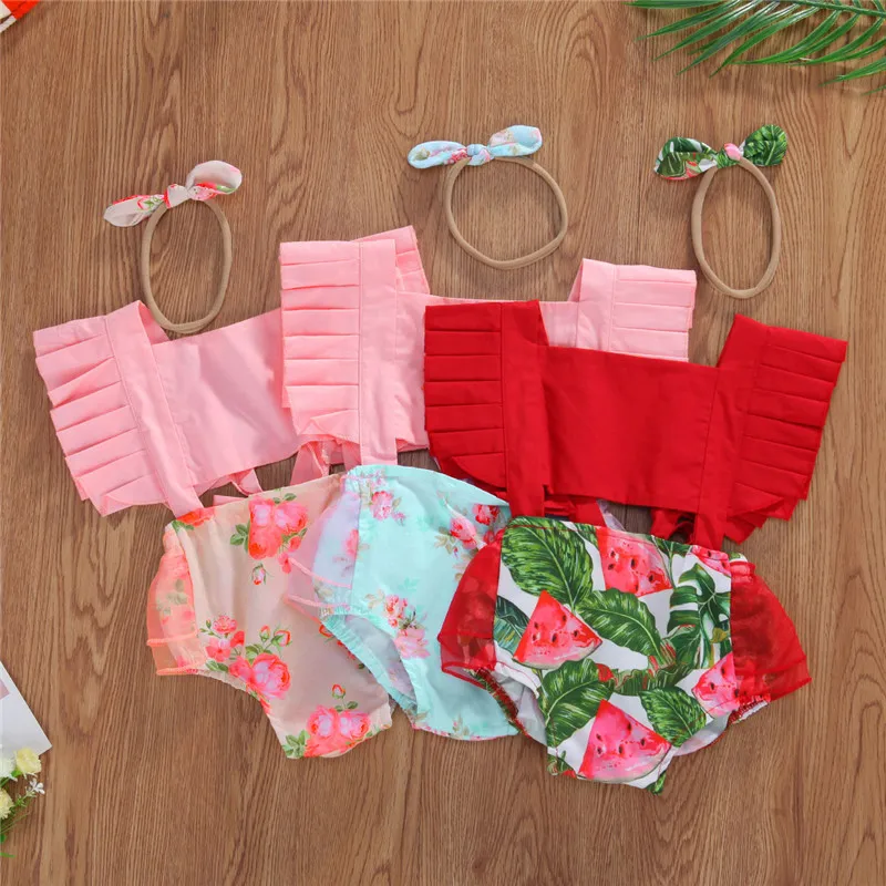 

Cute Girl Clothes Cascading Ruffles Rompers Backless Bow Tulle Bodysuits Hollow Out Floral Romper and Headband Baby Clothing