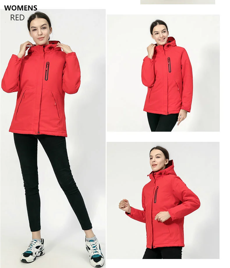 Women's waterproof red hooded jacket with USB heating capabilities.