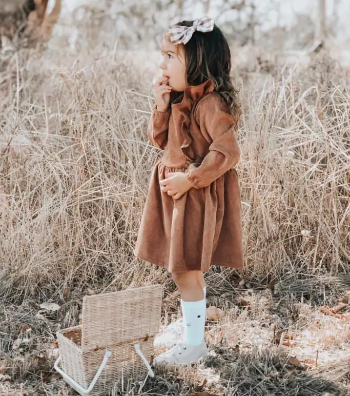 Humor Bear/осенне-зимнее платье для маленьких девочек Хлопковое платье принцессы с оборками и длинными рукавами детское вельветовое Плиссированное Модное детское платье