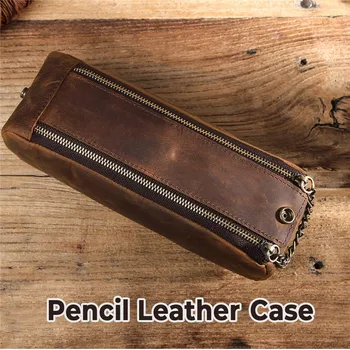 

Universal Pencil Storage Case Crazy Horse Cowhide Leather Pen Pouch Double Zipper Large Capacity Retro Storage Pen Bag