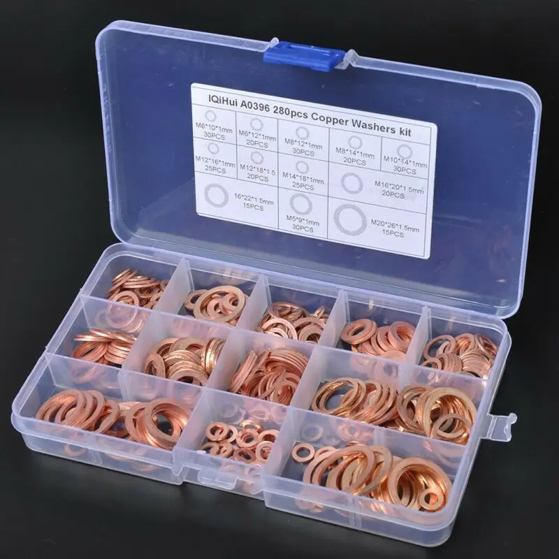 

Solid Copper Crush Washers Seal Sealing Flat O-Ring Gaskets Assortment Kit Box Durable And Practical To Use