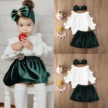 

3PCS Toddler Baby Girl Velvet Outfits Clothes Long Sleeve Top Skirts Headband US