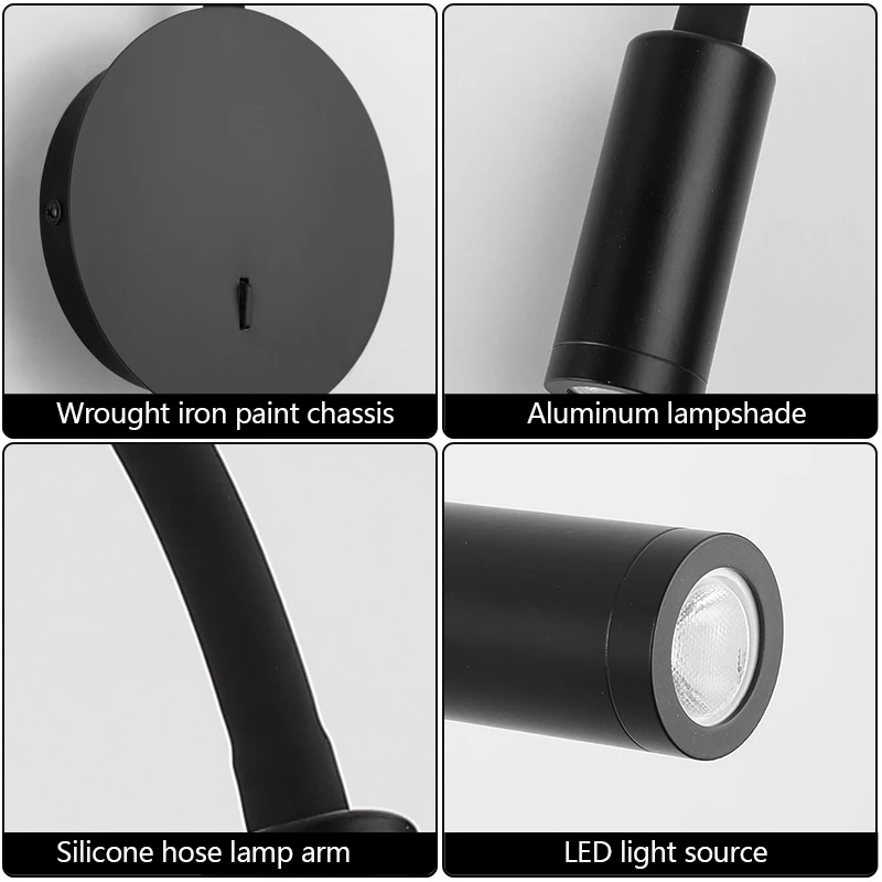 3W LED Hoses Wall Lamp Modern Home Hotel Bedside Reading Lamp With Switch Black White Wall Light Indoor Led Lighting