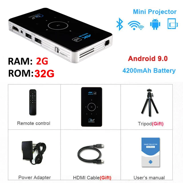 Salange C6 Mini Projector DLP Portable Android Movie Beamer 4K 1080P Outdoor Smart Home Theater Airplay Miracast Supported 