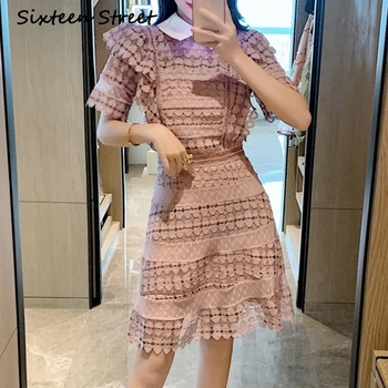 

Light Purple Lace Dress Woman 2020 New Summer Short Sleeve Runway Design Luxury Mini Dress Female Casual Party Vestido Ladies