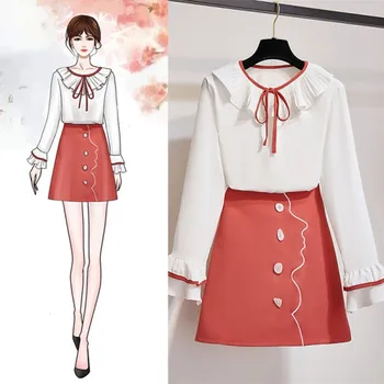 

2020 Spring Women 2 Piece Set Fashion white Ruffles Patchwork chiffon Shirt Tops + single-breasted A Line Skirts Set