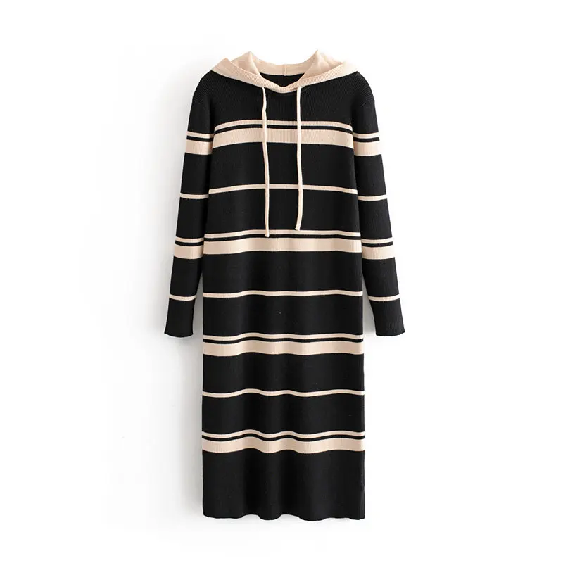

Europe And America WOMEN'S Dress 2019 Autumn & Winter Hooded Contrast Color Stripes Long Jersey Dress Long Sleeve Slimming Long
