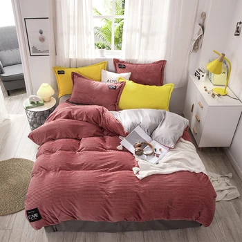

Thicken Flannel Quilted Quilt Cover & Pillowcases Reversible Microfiber Bedding Set Solid Color Comforter Cover Wine Red