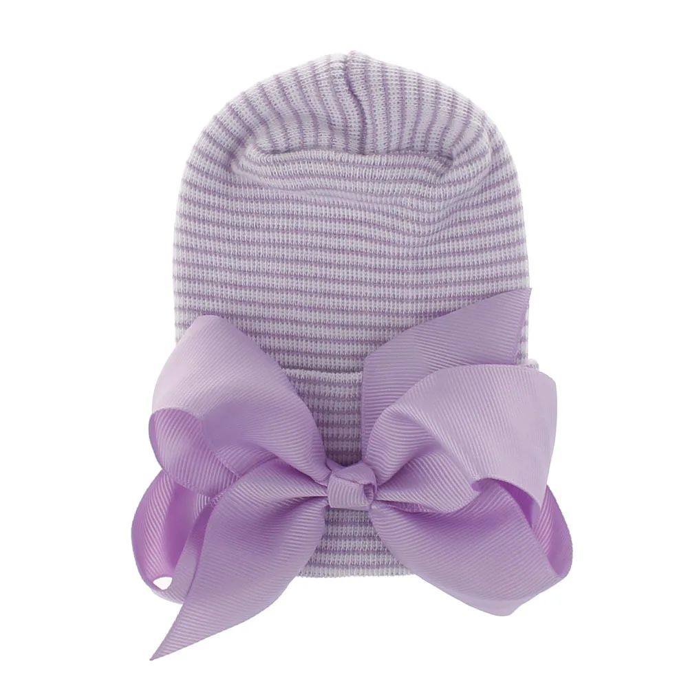 Зимняя шапочка для больницы с большим бантом для девочек, двойная теплая детская шапочка, полосатая эластичная шапка для девочек, шапка для новорожденных, 14 цветов - Цвет: purple purple