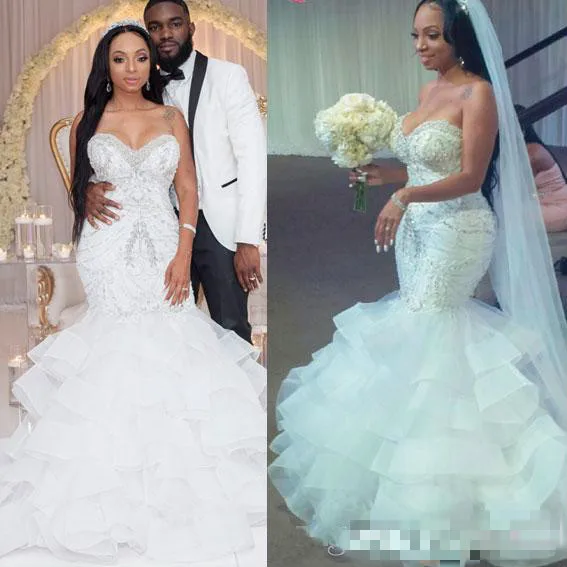

Luxury Mermaid Wedding Dresses Boho Crystal Beaded African Wedding Gowns Sweetheart Organza Ruffles Corset Beach Wedding Dress