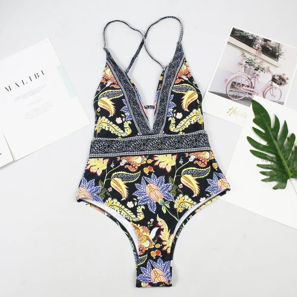 2020 Sexy Print Swimwear Women Swimsuit Backless One Piece Swimsuit V-Neck Bandage Beachwear Ruffle Bathing Suit Swim Monokini