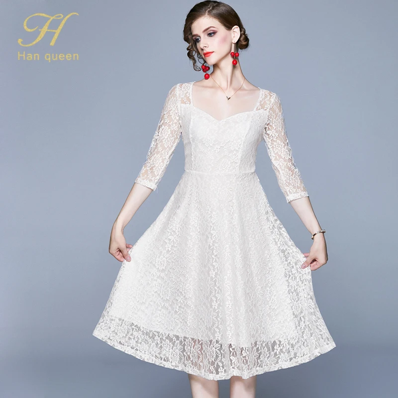white H Han queen/зимнее кружевное платье до середины икры для женщин, новинка, Ретро стиль, а-силуэт, для работы, повседневные платья, OL, элегантная винтажная офисная одежда, Vestido - Цвет: white