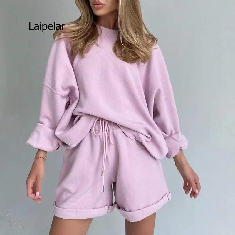 Women Long Sleeve Two Piece Set Solid Color Two Piece Set Pullover Blouse and Loose Shorts Tracksuit