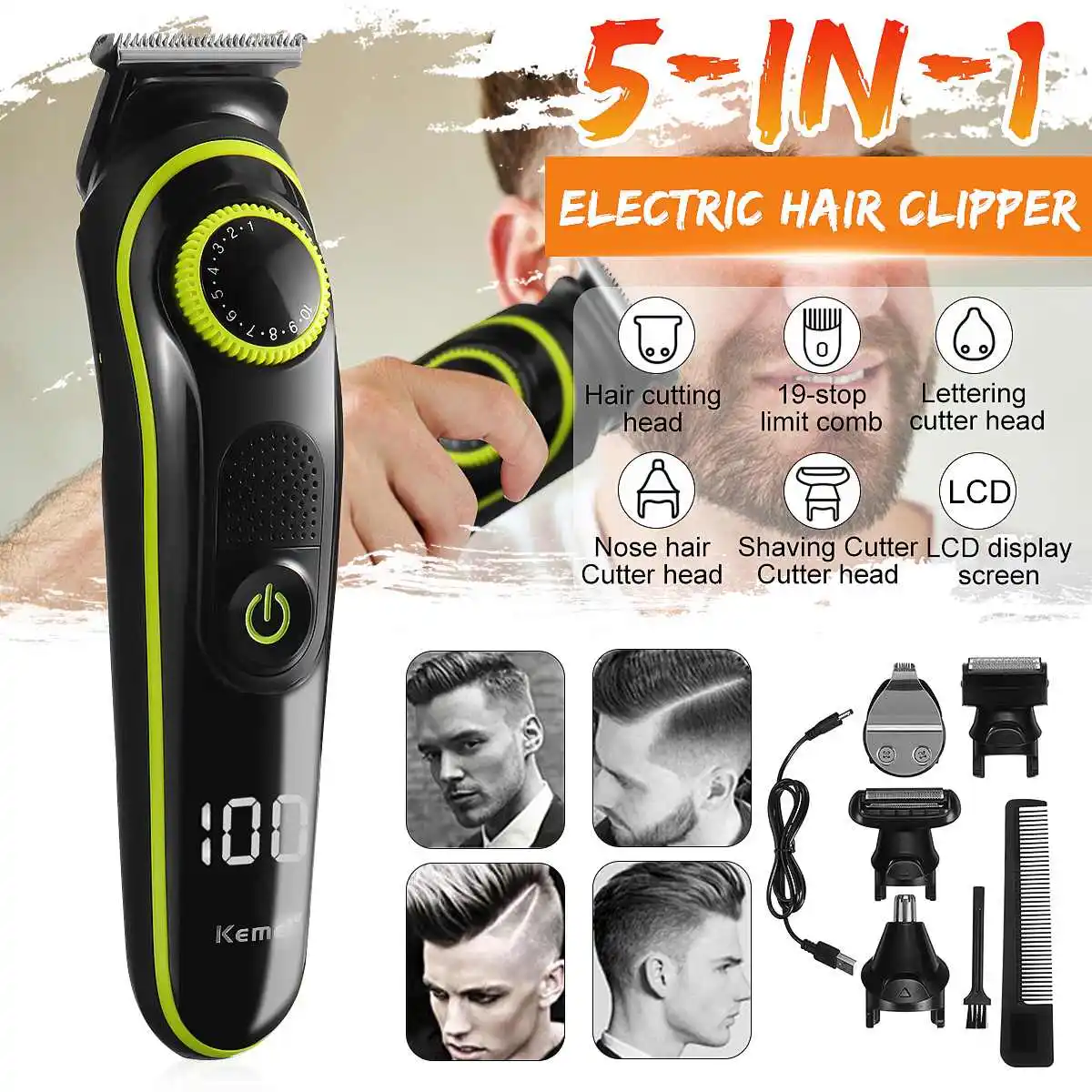 Aparador de Cabelo Elétrico do Agregado 5 em 1 Familiar Clippers Multifuncional Recarregável Barbeador Display Led Cabeças Cortador Km-696 Usb 4 KM-696 aparador de cabelo elétrico do agregado
