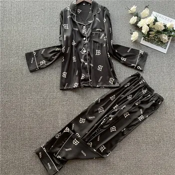 

Fiklyc Explosion Style Women Summer Long-Sleeved Trousers Home Service High-Grade Silk Pajamas Cardigan