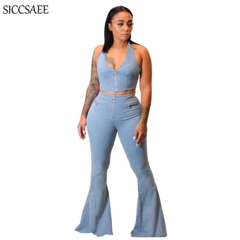 

Denim Two Piece Set Deep V Neck Halter Crop Top Backless Zipper Front Bell Bottom Pants Waterwashed Jeans Sexy Costumes Overalls