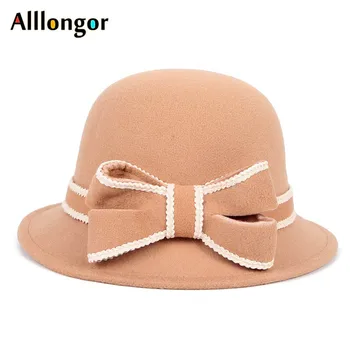 

New Arrival Winter Elegant Wool Fedora Hat Women Bow Floral ladies felt Bowler Hat Temperament Black Yellow Red
