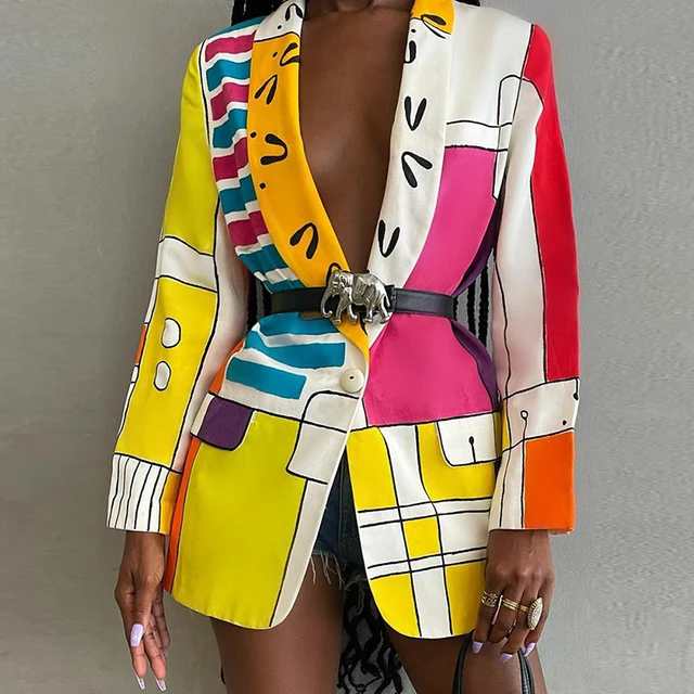 Turn-down Collar All Over Print Single Button Blazer Women Casual Jacket Elegant Abstract Graphic Work Coat Blazers For Women 02