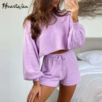 

Huaxiafan Casual 2 Pieces Suits Sets Summer Sports Loose Ladies Solid Home Top and Shorts Sets Suits Female 2020 New Fashion