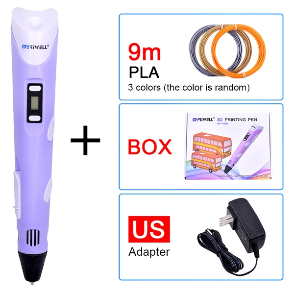 Purple US Myriwell оригинальная 3D Ручка DIY волшебная 3d принтер печатная ручка с адаптером питания/9 м 1,75 мм PLA нить для детей дизайн живопись - Цвет: Purple US