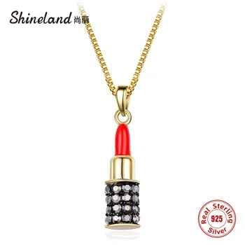 

Shineland Women Sexy Red Lipstick Pendant Choker Necklace Charm 100% 925 Sterling Silver Jewelry Gold Color Chain Party Bijoux