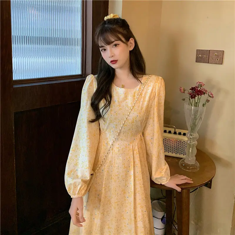 Puff Sleeve Floral Long Dress Womens High Waist Light Yellow Sweet Temperament Plus Size A-Line Leisure Fresh Ulzzang Retro Maxi macys dresses