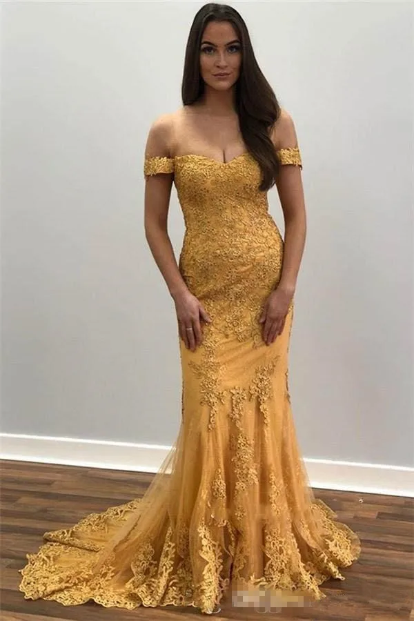Винтажные золотые вечерние платья русалки, длинные, vestidos de fiesta de noche, арабские кружевные платья для выпускного вечера, с открытыми плечами, торжественное платье
