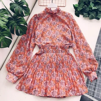 

2019 new fashion women's two piece set sweet floral stand collar lantern sleeves loose blouse shirt +high waist skirt