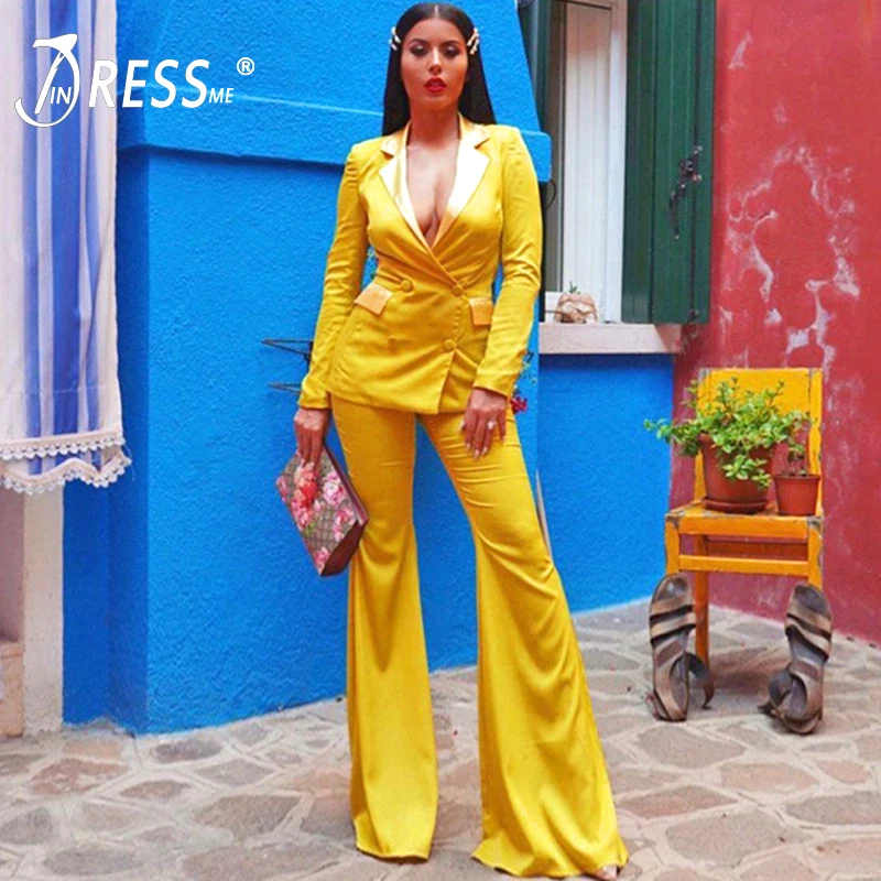 INDRESSME, осенняя новинка, Модные женские сексуальные платья, офисные женские комплекты из двух предметов, блейзер с длинным рукавом, топ и расклешенные брюки, костюмы