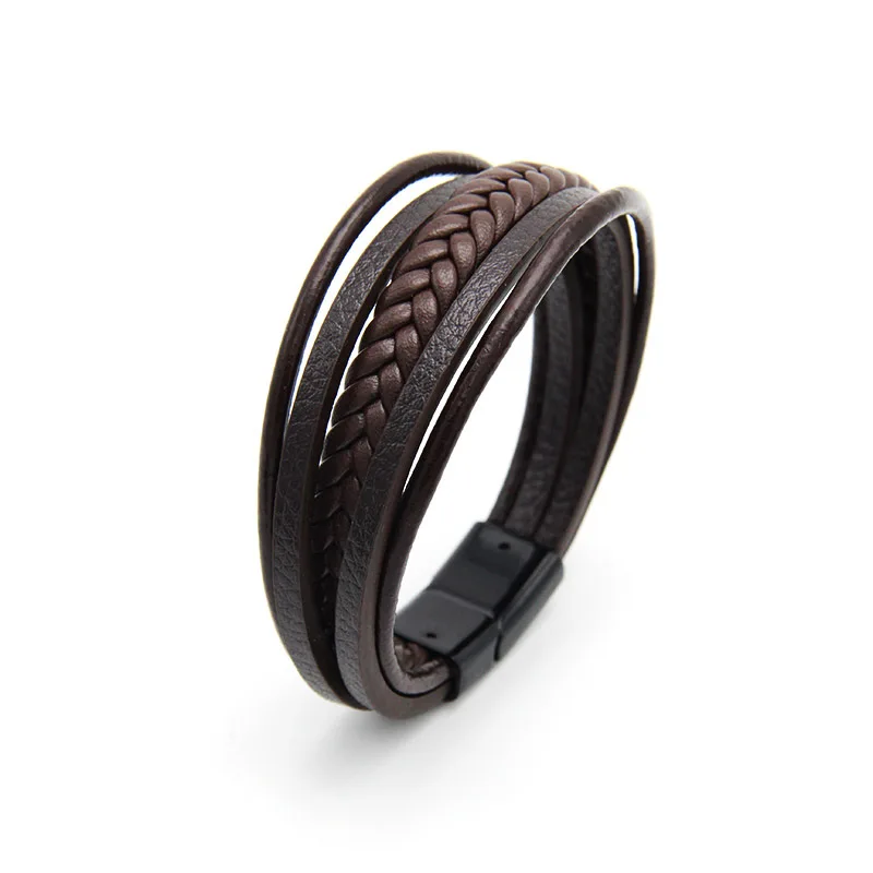 Мужские кожаные браслеты, браслеты, браслет для мужчин, стальная магнитная застежка, Плетеный многослойный браслет для мужчин, браслеты для мужчин - Окраска металла: black brown-D