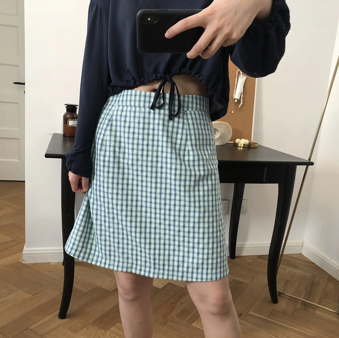 Лето новая Корейская версия свежей клетчатая Высокая талия юбка