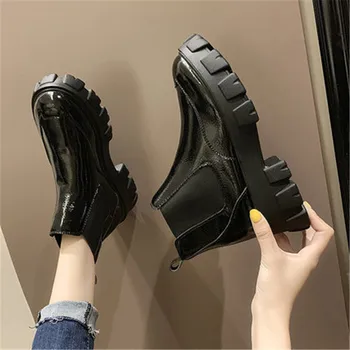 

Spring Autumn Patent Leather Ankle Boots Women Motorcycle Boots Female Shoes Woman Thick Sole Punk Boots Beige Black Eu 35-39