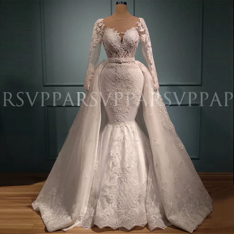 Luxe Kant Mermaid Sheer Lange Mouwen Satin White Afneembare Afrikaanse Bridal Trouwjurk 2019 Luxe Kant Mermaid Sheer Lange Mouwen Satin White Afneembare Afrikaanse Bridal Trouwjurk 2019