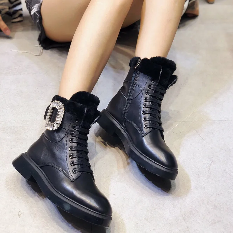 Snow boots warm wool plush Inner women winter ankle boots Flat Platform Rhinestone Martin boots Genuine leather shoes woman