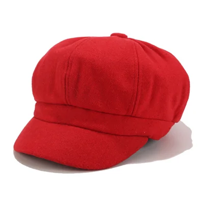 Red Новая осенняя и зимняя восьмиугольная шляпа, женская шапка, английская шляпа, одноцветная шерстяная шапка, шапка художника, мужская шапка - Цвет: Red