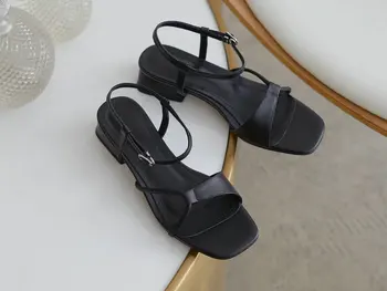 

Summer Sandals for Women Genuine Leather Think Low Heeled Sandals Natural Leather Casual Solid Office Lady Shoes